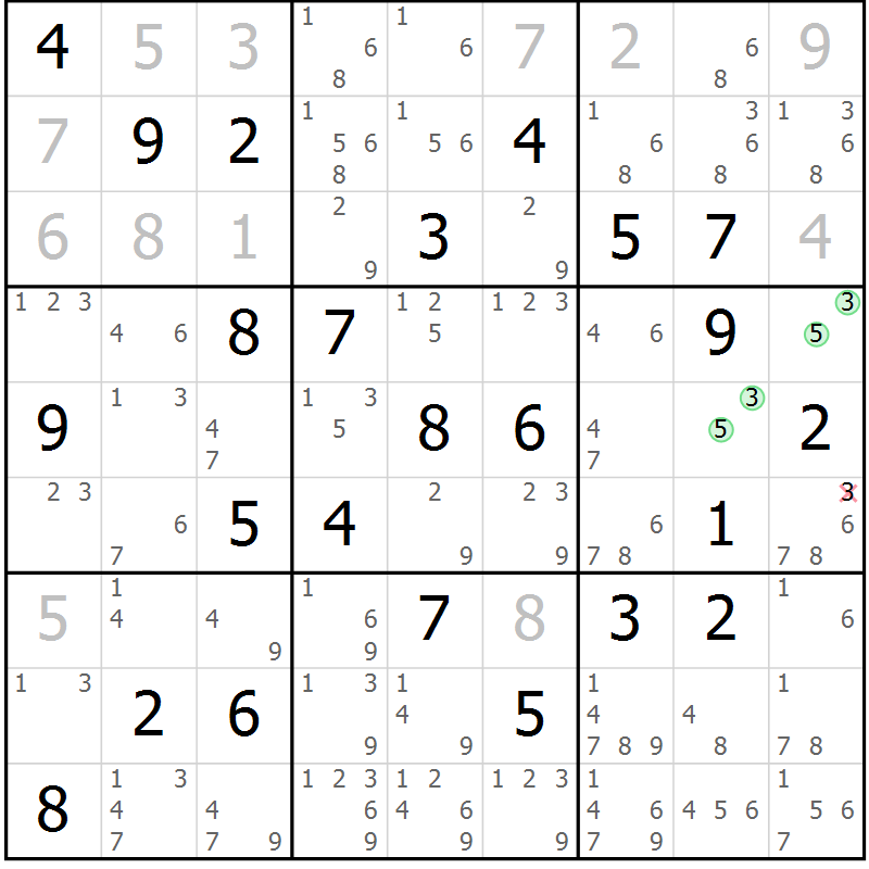 Position des candidats pour la solution de la Gr 70 page 73 du magazine de sudoku Virtuose n° 112