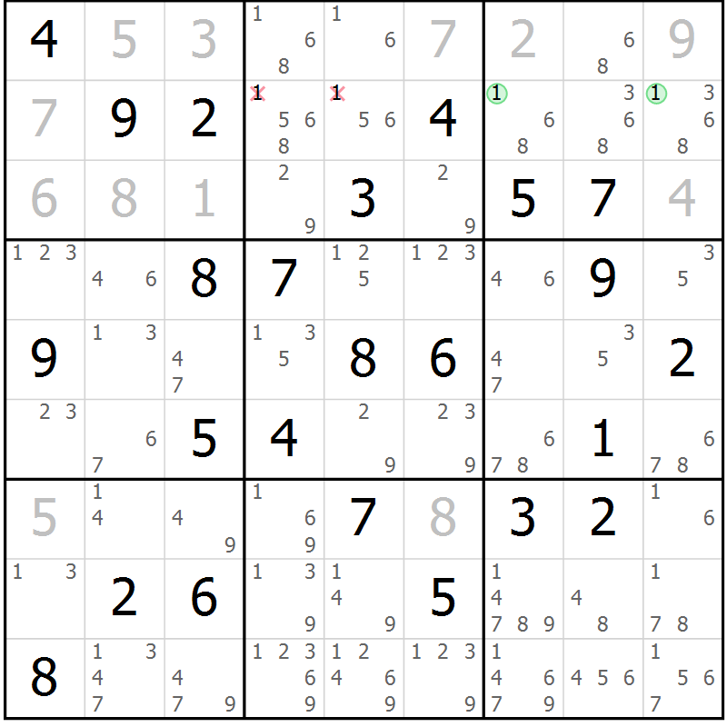 Position des candidats pour la solution de la Gr 70 page 73 du magazine de sudoku Virtuose n° 112