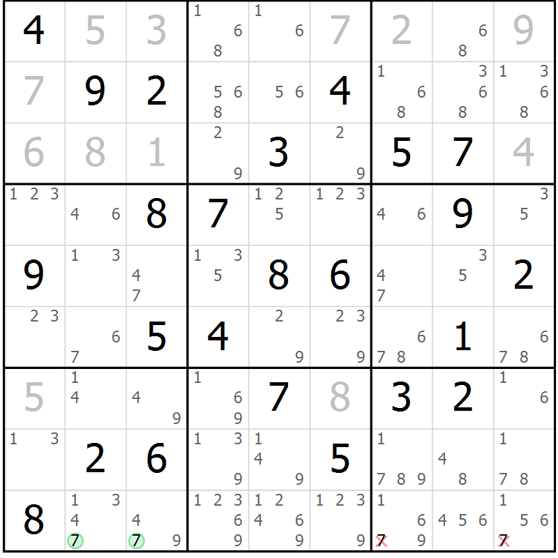 Position des candidats pour la solution de la Gr 70 page 73 du magazine de sudoku Virtuose n° 112