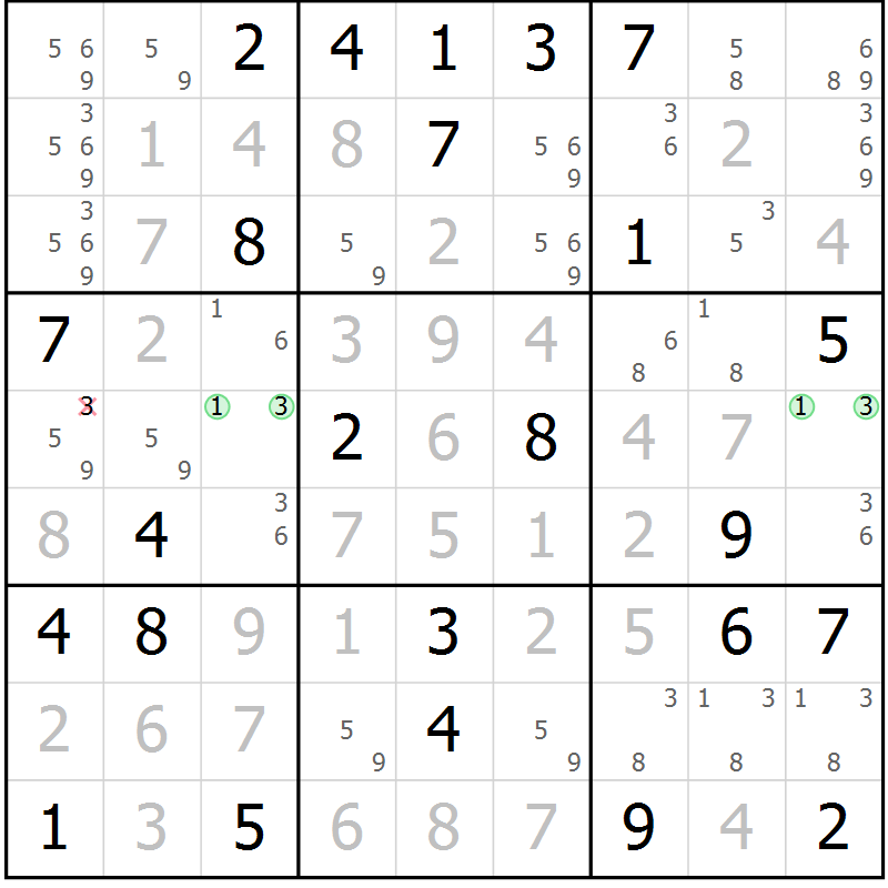 Position des candidats pour la solution de la Gr 71 page 74 du magazine de sudoku Virtuose n° 112