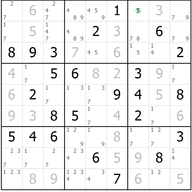 Position des candidats pour la solution de la Gr 72 page 75 du magazine de sudoku Virtuose n° 112