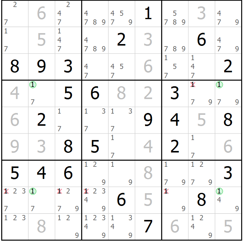 Position des candidats pour la solution de la Gr 72 page 75 du magazine de sudoku Virtuose n° 112