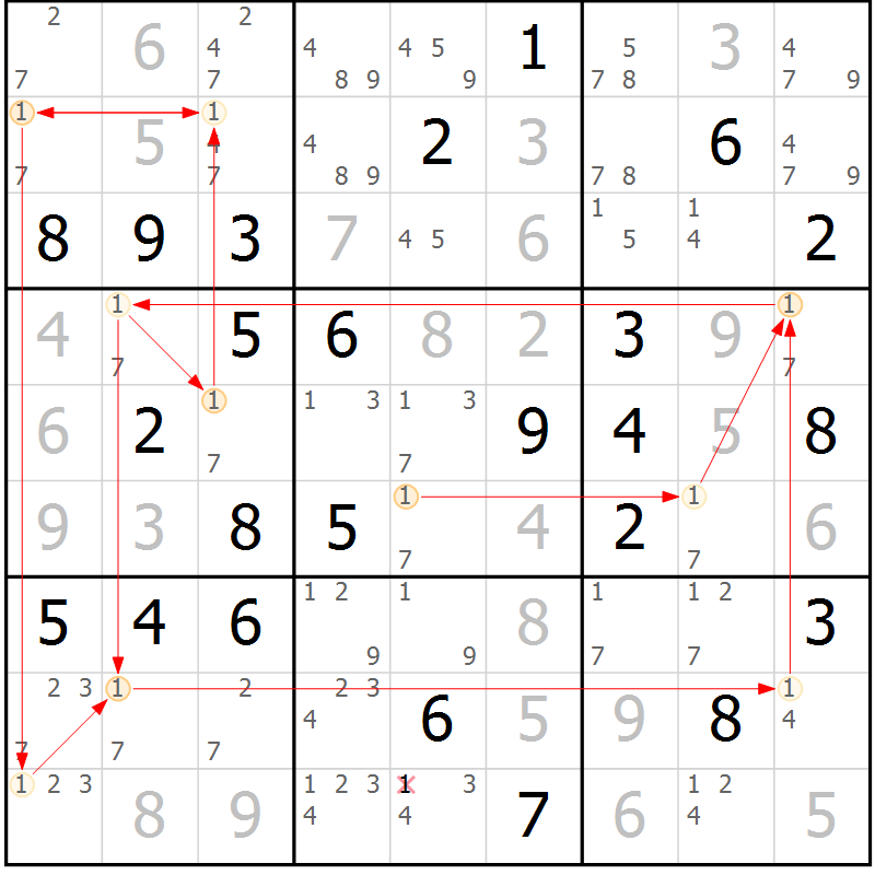 Position des candidats pour la solution de la Gr 72 page 75 du magazine de sudoku Virtuose n° 112