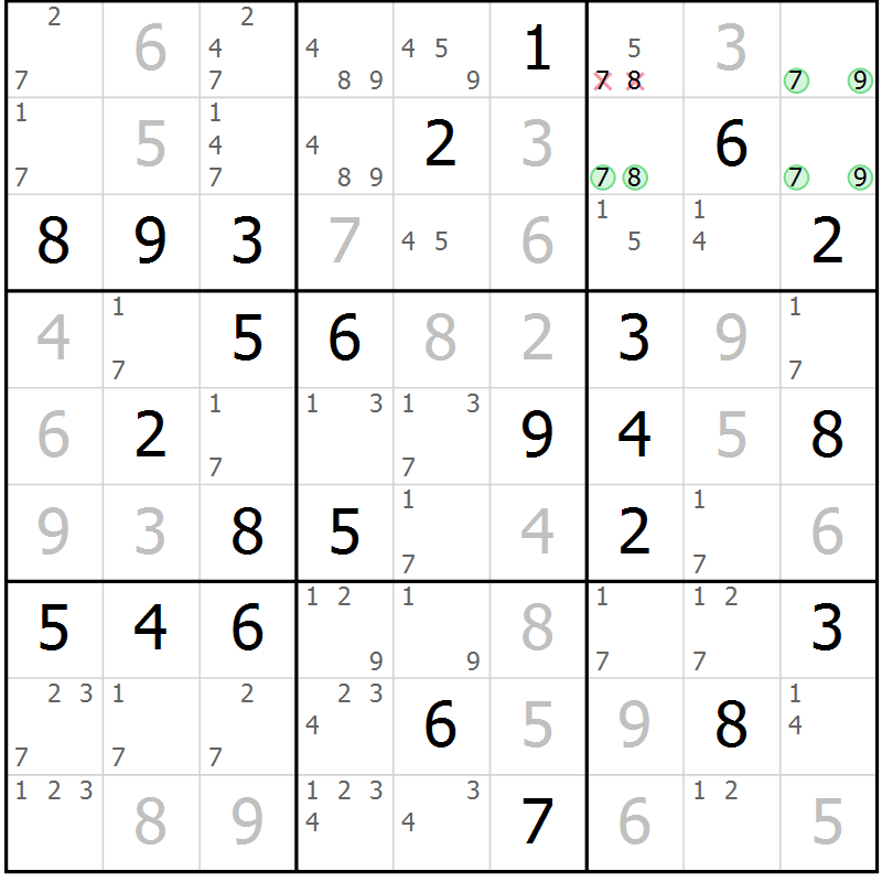 Position des candidats pour la solution de la Gr 72 page 75 du magazine de sudoku Virtuose n° 112