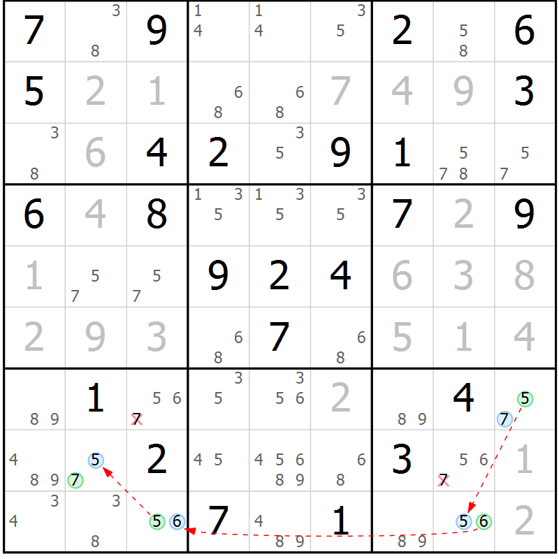 Position des candidats pour la solution de la Gr 75 page 78 du magazine de sudoku Virtuose n° 112