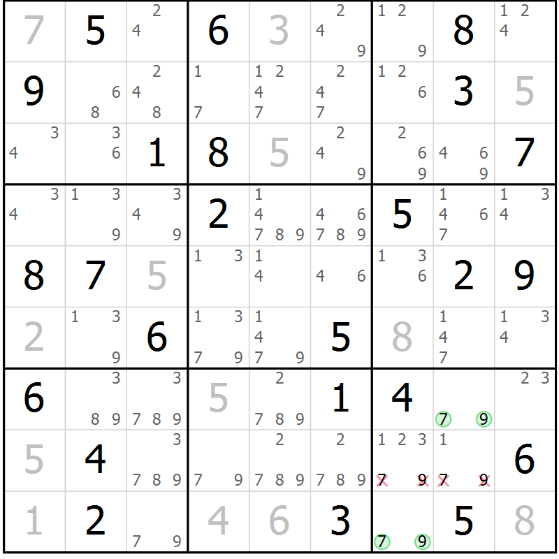 Position des candidats pour la solution de la Gr 76 page 79 du magazine de sudoku Virtuose n° 112