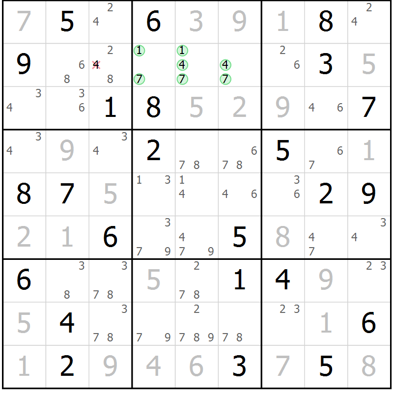 Position des candidats pour la solution de la Gr 76 page 79 du magazine de sudoku Virtuose n° 112
