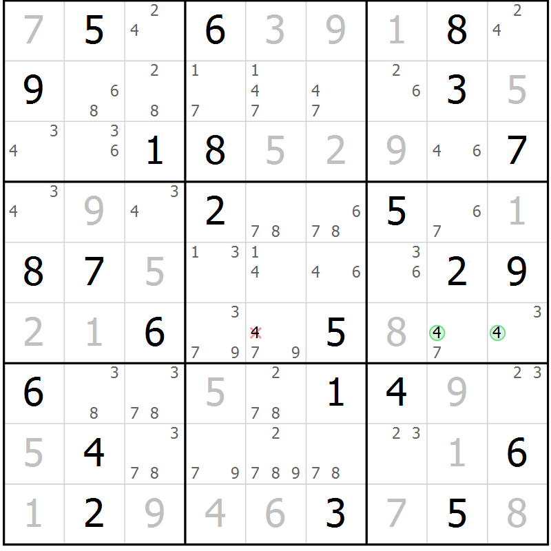 Position des candidats pour la solution de la Gr 76 page 79 du magazine de sudoku Virtuose n° 112