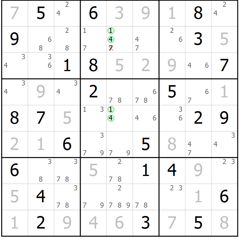 Position des candidats pour la solution de la Gr 76 page 79 du magazine de sudoku Virtuose n° 112