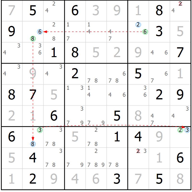 Position des candidats pour la solution de la Gr 76 page 79 du magazine de sudoku Virtuose n° 112