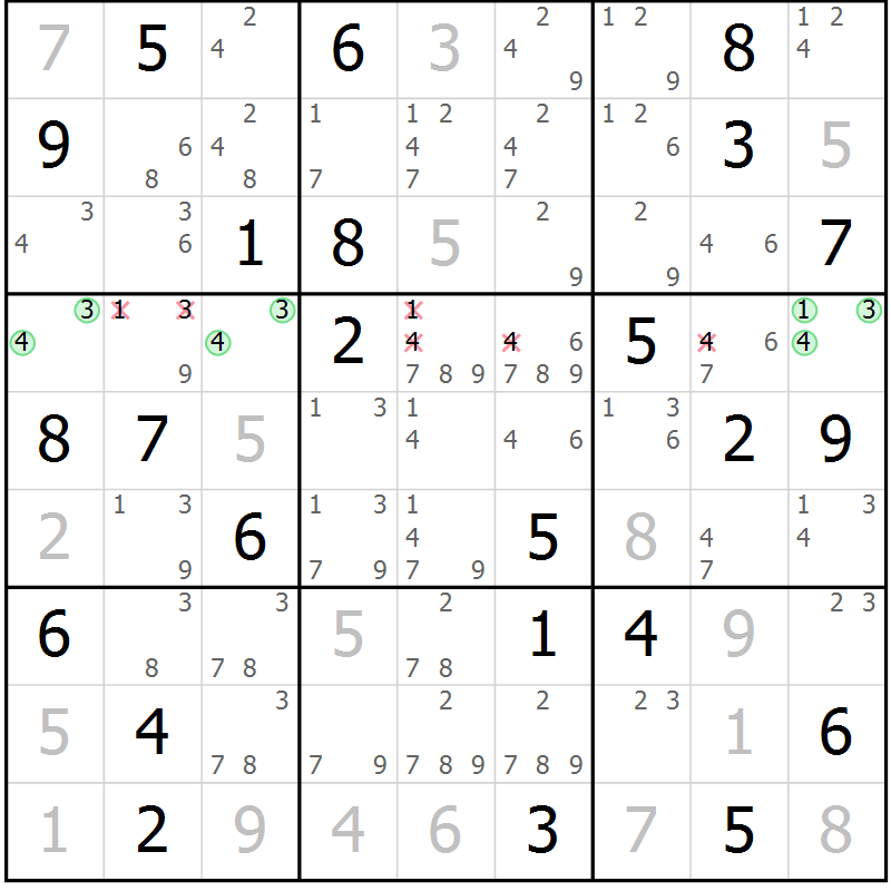 Position des candidats pour la solution de la Gr 76 page 79 du magazine de sudoku Virtuose n° 112