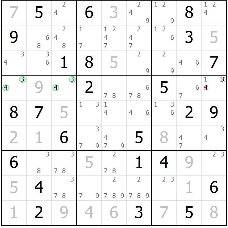 Position des candidats pour la solution de la Gr 76 page 79 du magazine de sudoku Virtuose n° 112