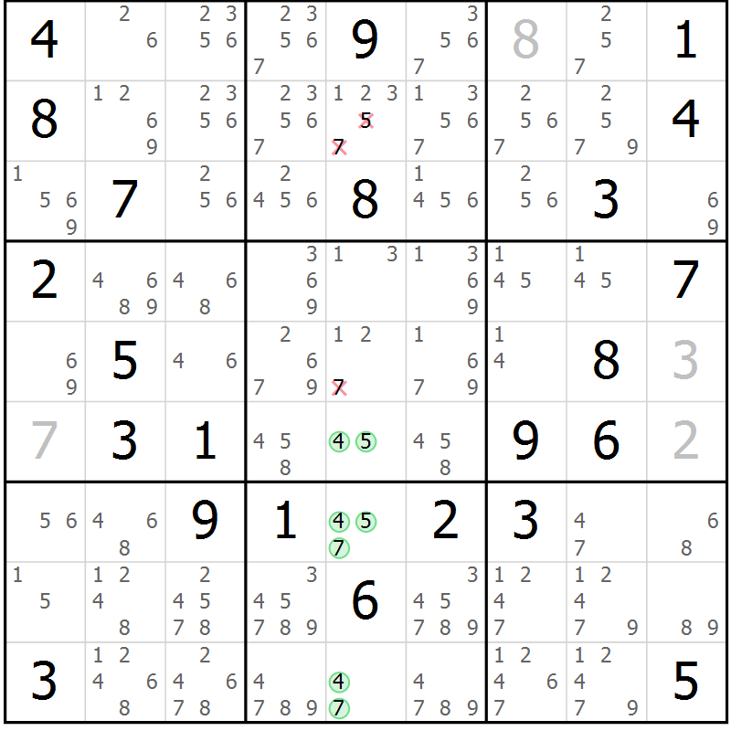 Position des candidats pour la solution de la Gr 77 page 80 du magazine de sudoku Virtuose n° 112