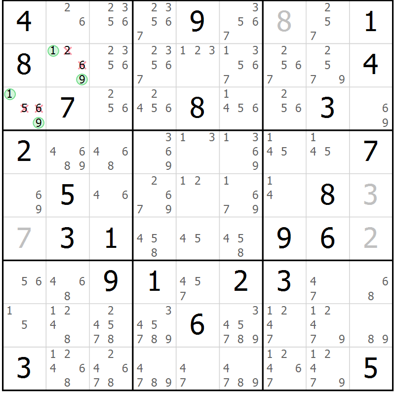 Position des candidats pour la solution de la Gr 77 page 80 du magazine de sudoku Virtuose n° 112