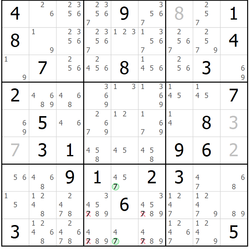 Position des candidats pour la solution de la Gr 77 page 80 du magazine de sudoku Virtuose n° 112