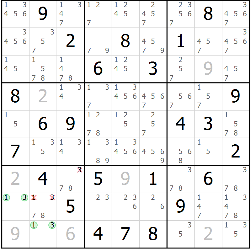 Position des candidats pour la solution de la Gr 78 page 81 du magazine de sudoku Virtuose n° 112