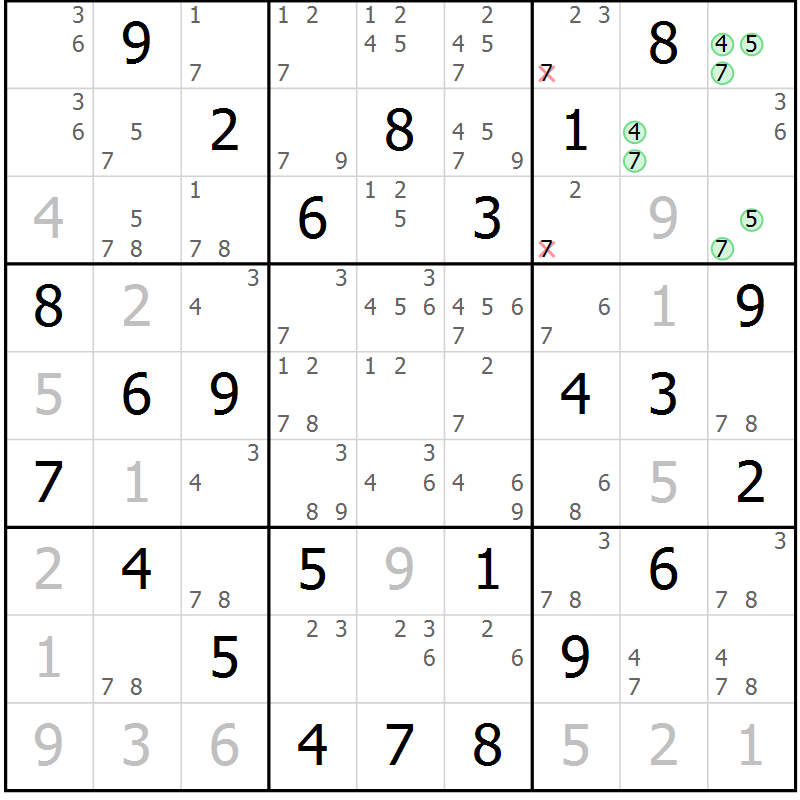 Position des candidats pour la solution de la Gr 78 page 81 du magazine de sudoku Virtuose n° 112