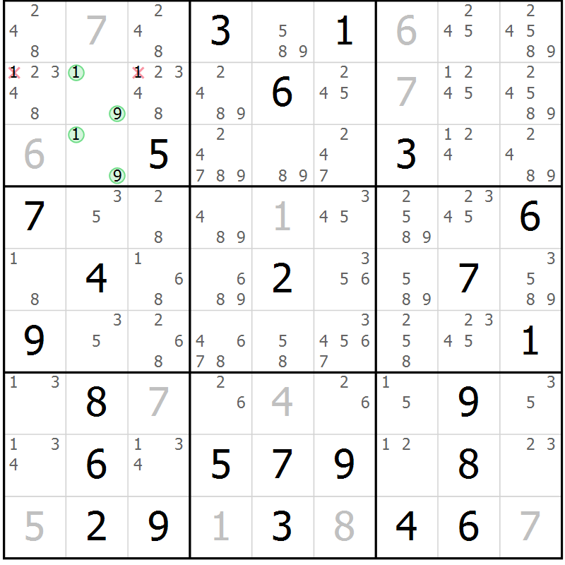 Position des candidats pour la solution de la Gr 79 page 82 du magazine de sudoku Virtuose n° 112