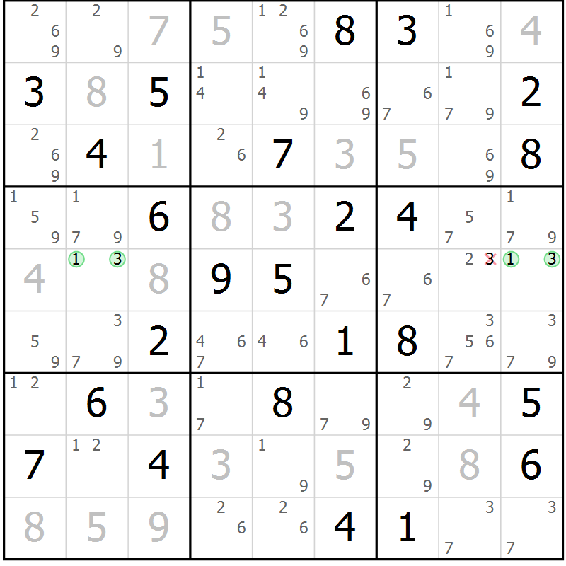 Position des candidats pour la solution de la Gr 81 page 84 du magazine de sudoku Virtuose n° 112