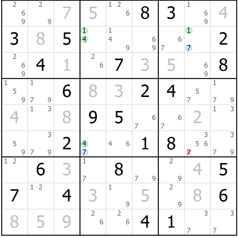 Position des candidats pour la solution de la Gr 81 page 84 du magazine de sudoku Virtuose n° 112