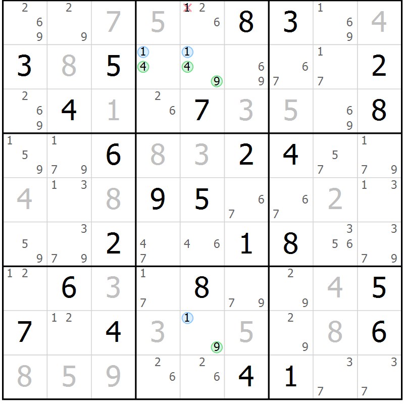 Position des candidats pour la solution de la Gr 81 page 84 du magazine de sudoku Virtuose n° 112