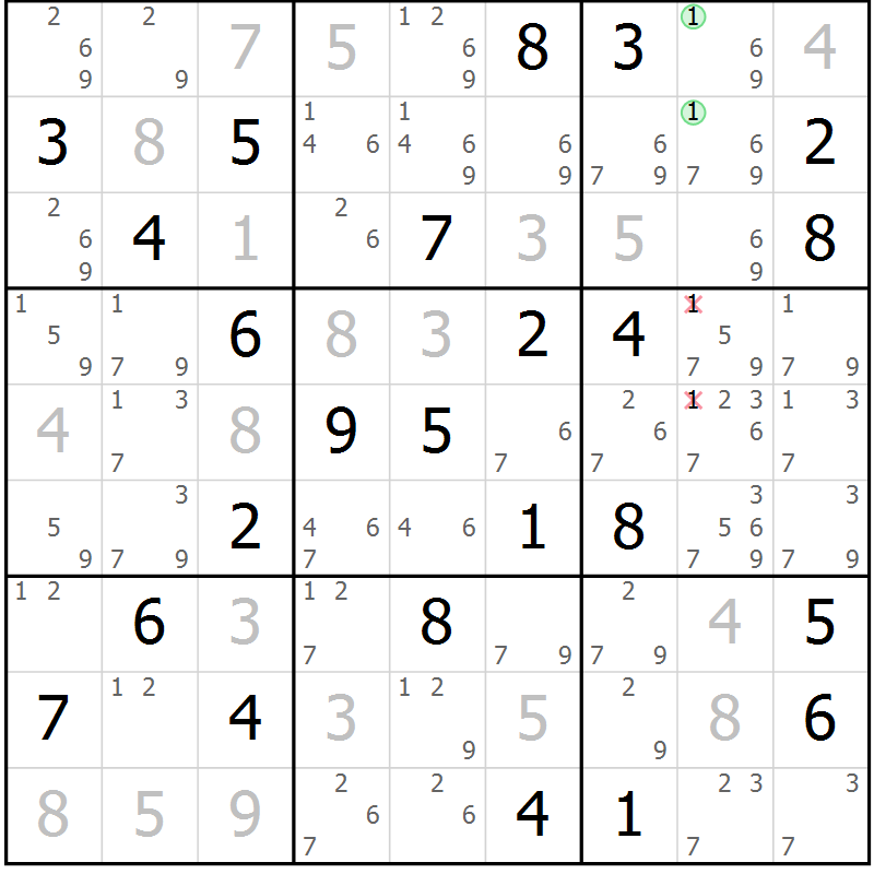 Position des candidats pour la solution de la Gr 81 page 84 du magazine de sudoku Virtuose n° 112