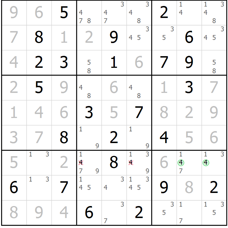 Position des candidats pour la solution de la Gr 82 page 85 du magazine de sudoku Virtuose n° 112