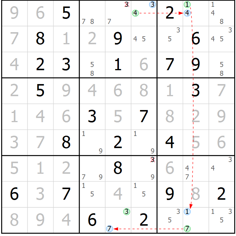 Position des candidats pour la solution de la Gr 82 page 85 du magazine de sudoku Virtuose n° 112