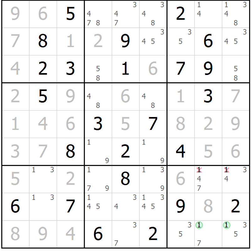 Position des candidats pour la solution de la Gr 82 page 85 du magazine de sudoku Virtuose n° 112