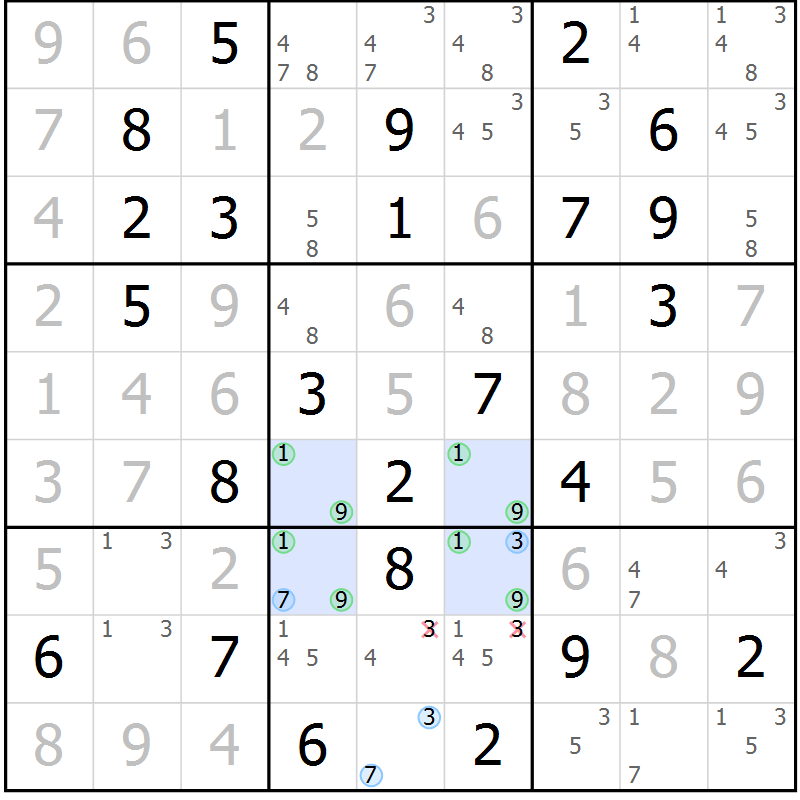 Position des candidats pour la solution de la Gr 82 page 85 du magazine de sudoku Virtuose n° 112