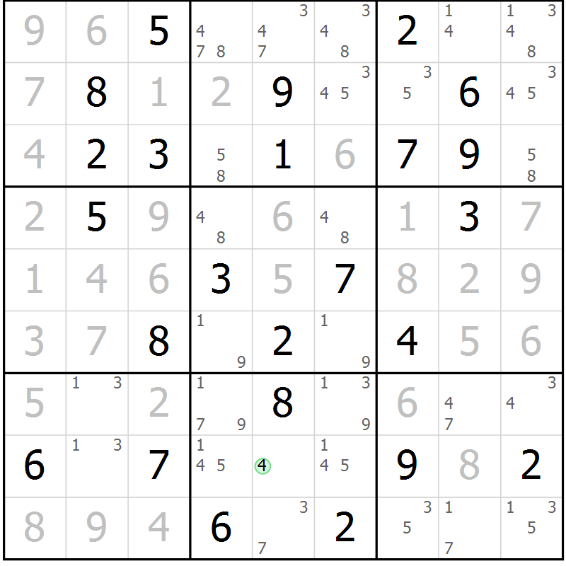 Position des candidats pour la solution de la Gr 82 page 85 du magazine de sudoku Virtuose n° 112