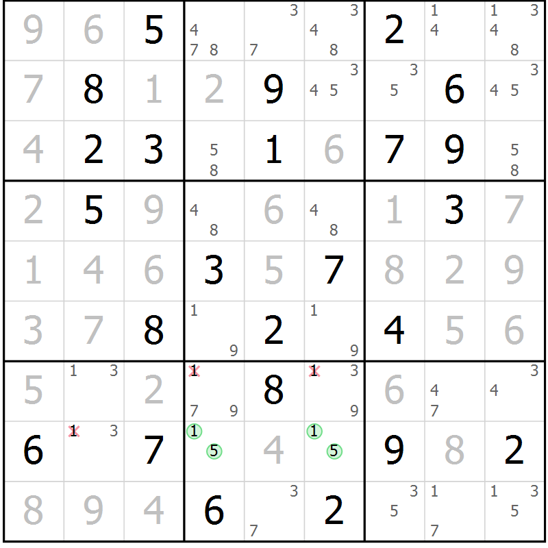Position des candidats pour la solution de la Gr 82 page 85 du magazine de sudoku Virtuose n° 112