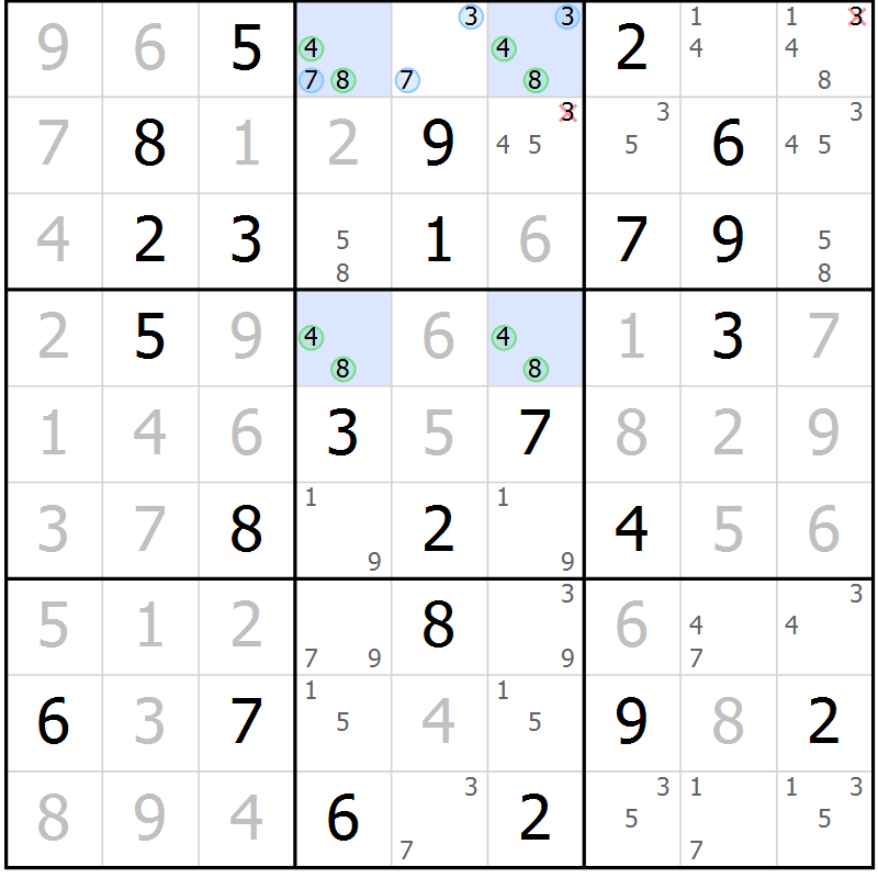 Position des candidats pour la solution de la Gr 82 page 85 du magazine de sudoku Virtuose n° 112