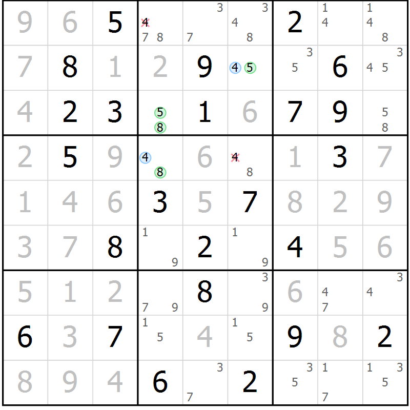 Position des candidats pour la solution de la Gr 82 page 85 du magazine de sudoku Virtuose n° 112