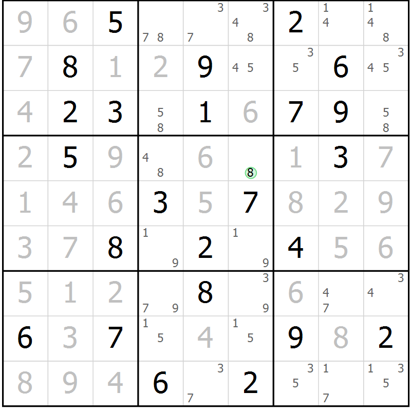 Position des candidats pour la solution de la Gr 82 page 85 du magazine de sudoku Virtuose n° 112