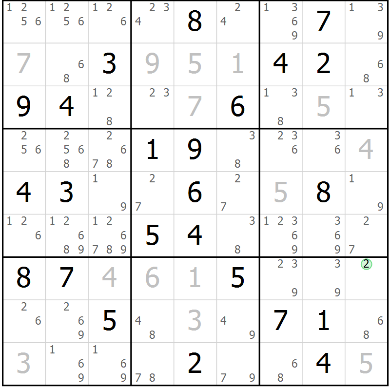 Position des candidats pour la solution de la Gr 84 page 87 du magazine de sudoku Virtuose n° 112