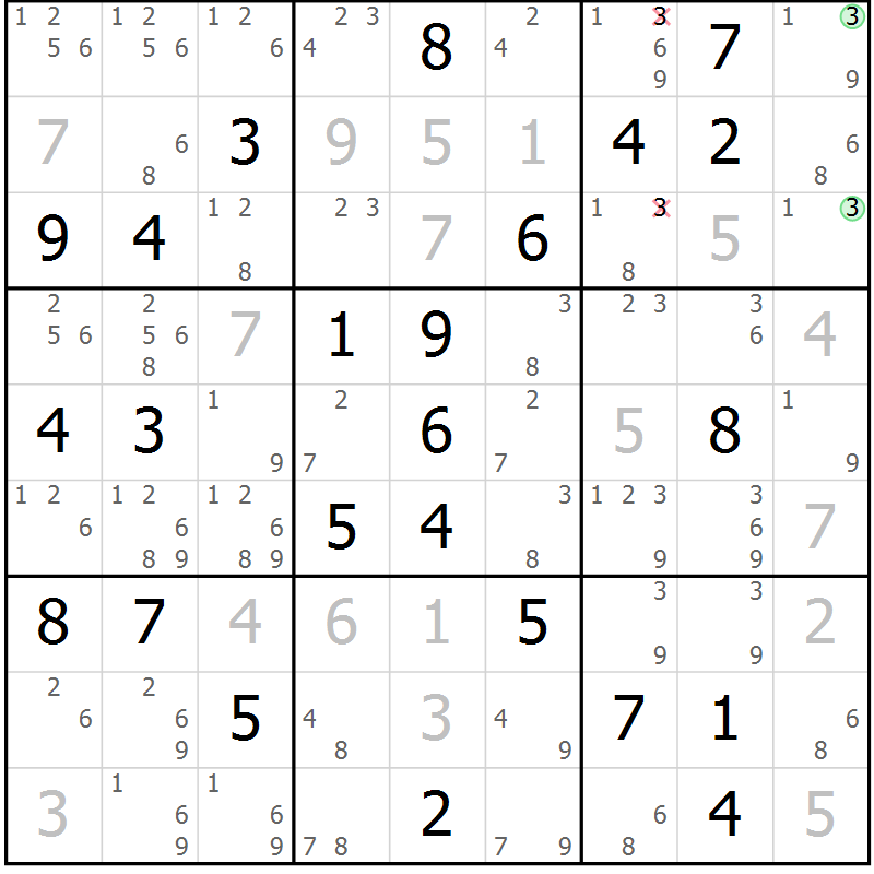Position des candidats pour la solution de la Gr 84 page 87 du magazine de sudoku Virtuose n° 112