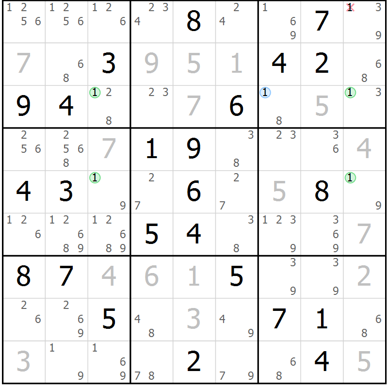 Position des candidats pour la solution de la Gr 84 page 87 du magazine de sudoku Virtuose n° 112