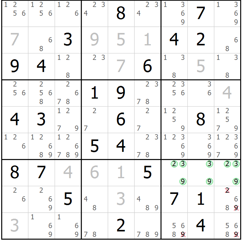 Position des candidats pour la solution de la Gr 84 page 87 du magazine de sudoku Virtuose n° 112