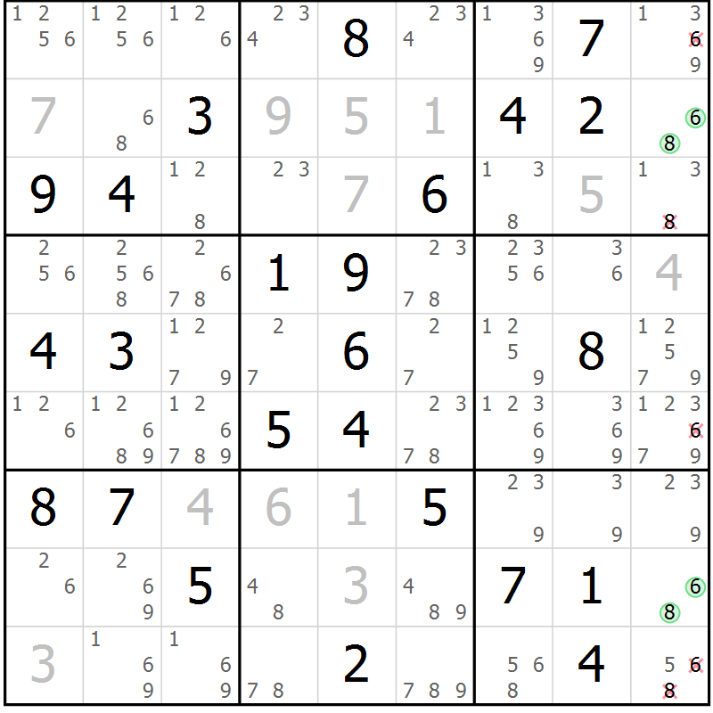 Position des candidats pour la solution de la Gr 84 page 87 du magazine de sudoku Virtuose n° 112