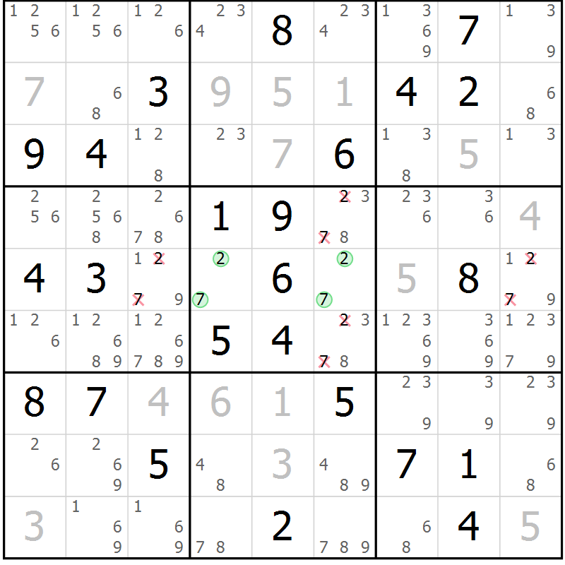 Position des candidats pour la solution de la Gr 84 page 87 du magazine de sudoku Virtuose n° 112