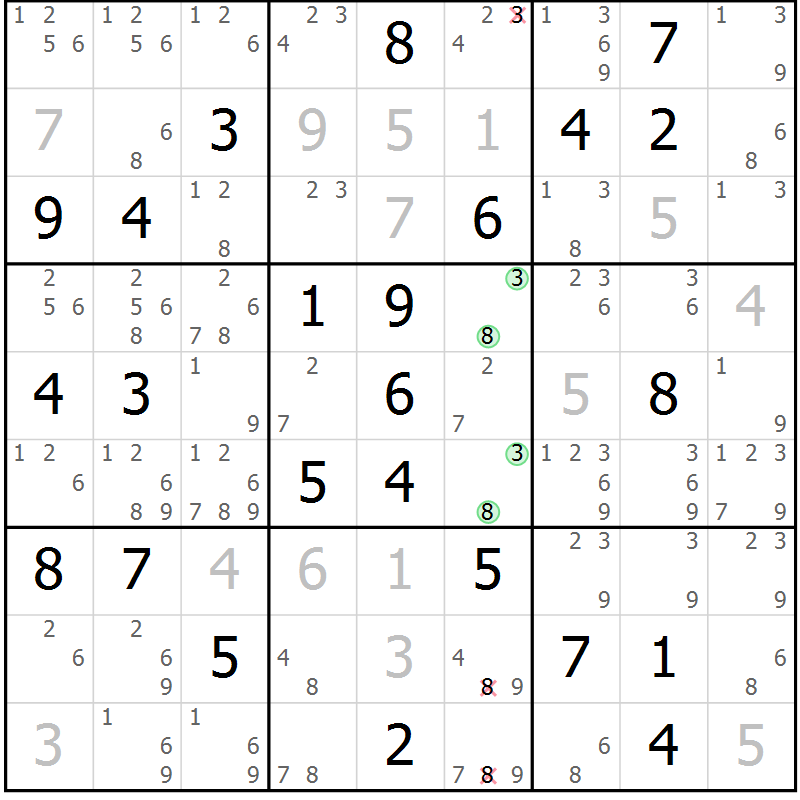 Position des candidats pour la solution de la Gr 84 page 87 du magazine de sudoku Virtuose n° 112