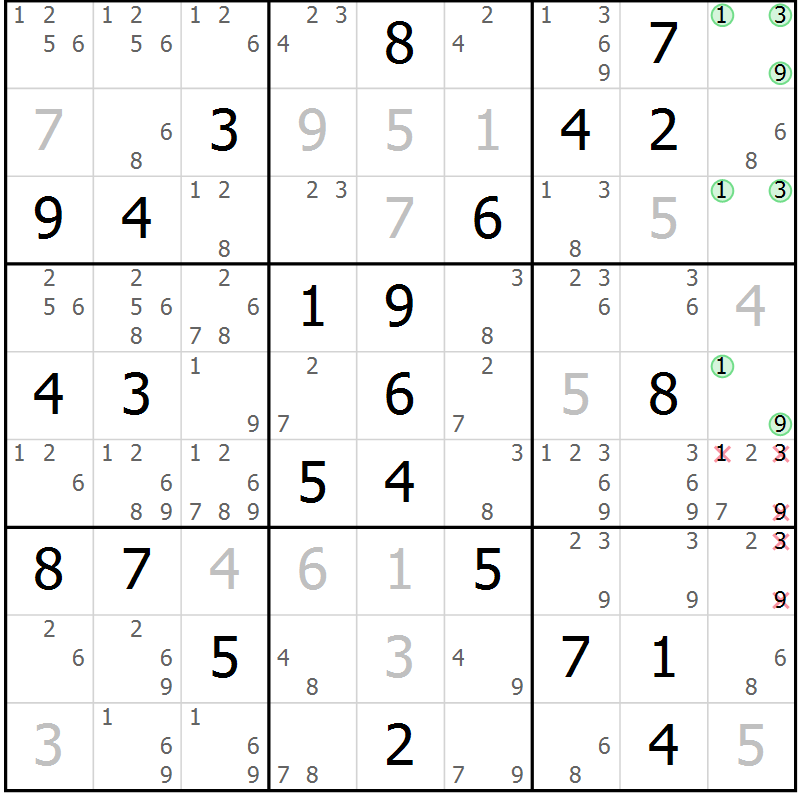 Position des candidats pour la solution de la Gr 84 page 87 du magazine de sudoku Virtuose n° 112