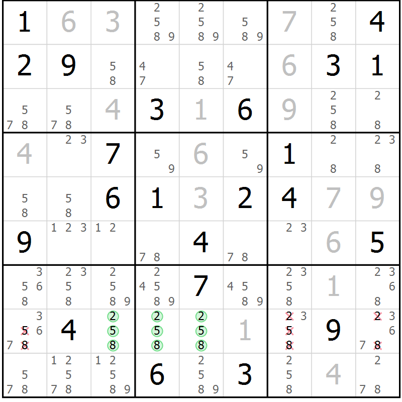 Position des candidats pour la solution de la Gr 9 page 12 du magazine de sudoku Virtuose n° 112