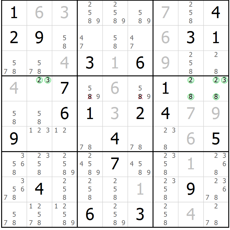 Position des candidats pour la solution de la Gr 9 page 12 du magazine de sudoku Virtuose n° 112