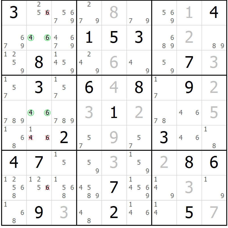 Position des candidats pour la solution de la Gr 1 page 4 du magazine de sudoku Virtuose n° 113