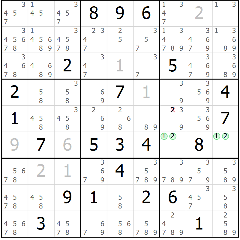 Position des candidats pour la solution de la Gr 10 page 13 du magazine de sudoku Virtuose n° 113