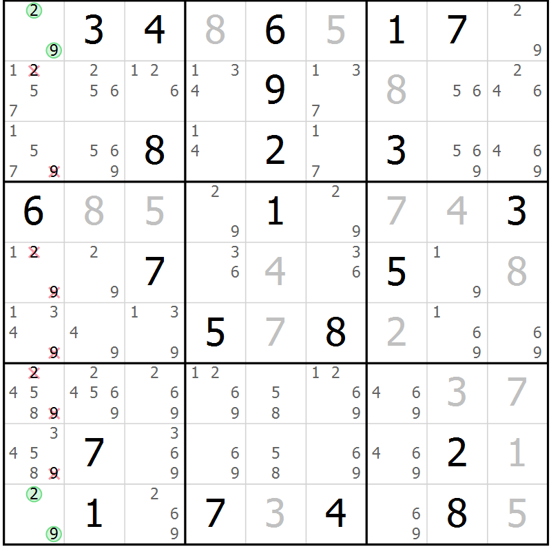 Position des candidats pour la solution de la Gr 11 page 14 du magazine de sudoku Virtuose n° 113