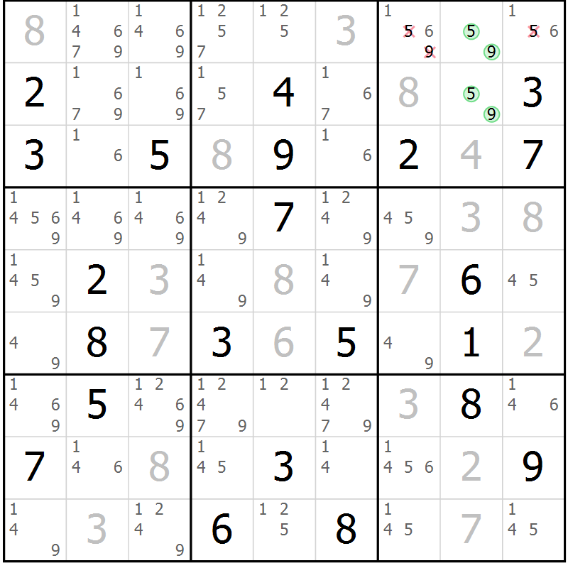 Position des candidats pour la solution de la Gr 14 page 17 du magazine de sudoku Virtuose n° 113