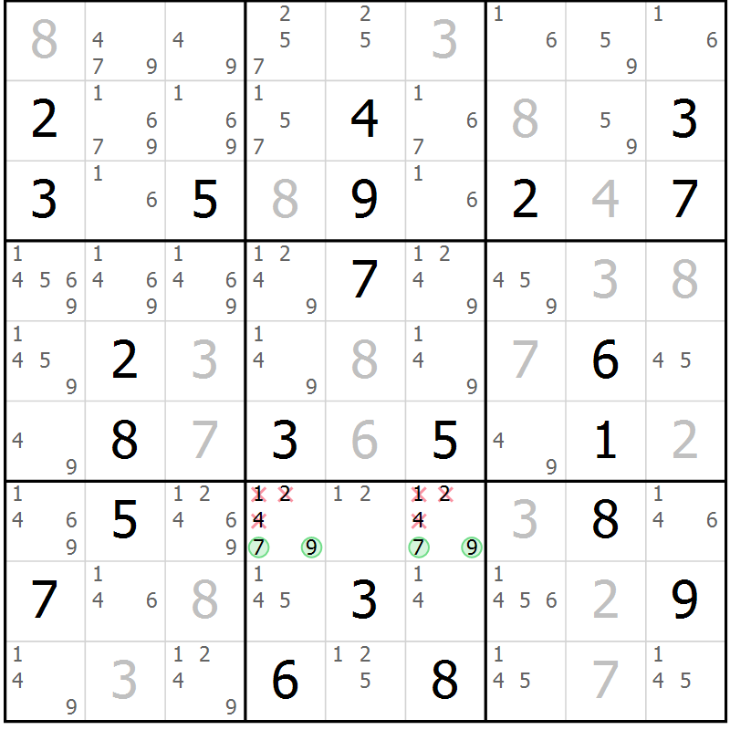 Position des candidats pour la solution de la Gr 14 page 17 du magazine de sudoku Virtuose n° 113